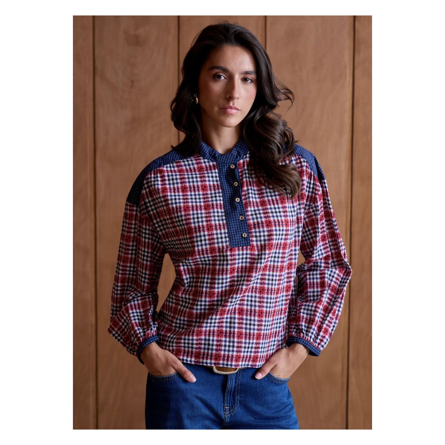 Blouse femme à carreaux 100 % coton col mao | M by Lau