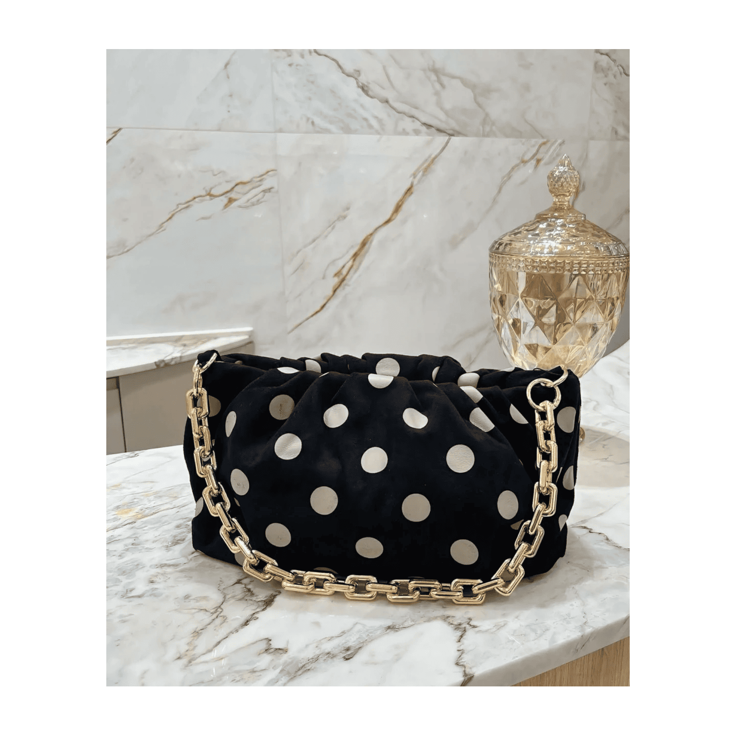 sac velours à pois froncé fermeture armature anse chaine