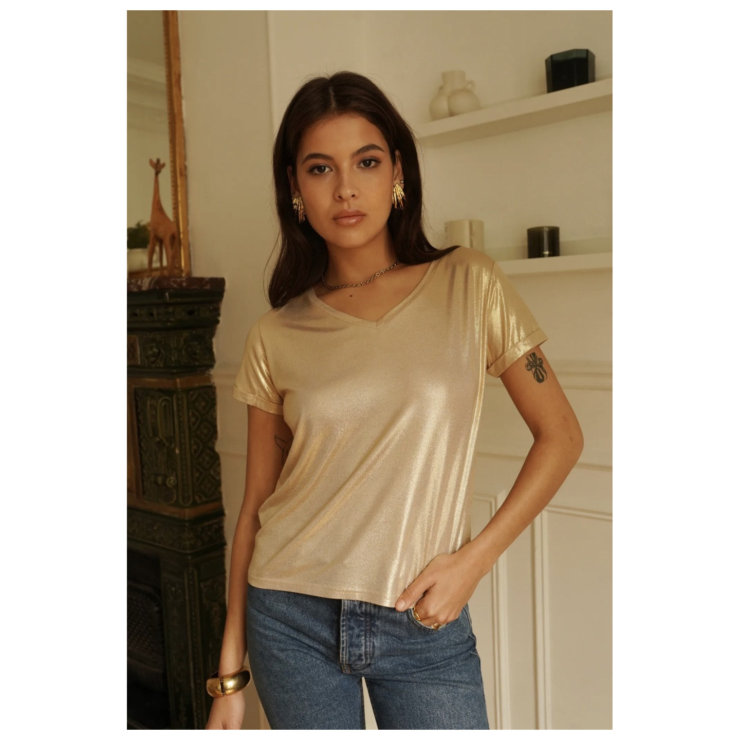 T-shirt femme métallisé AURA col V | M by Lau