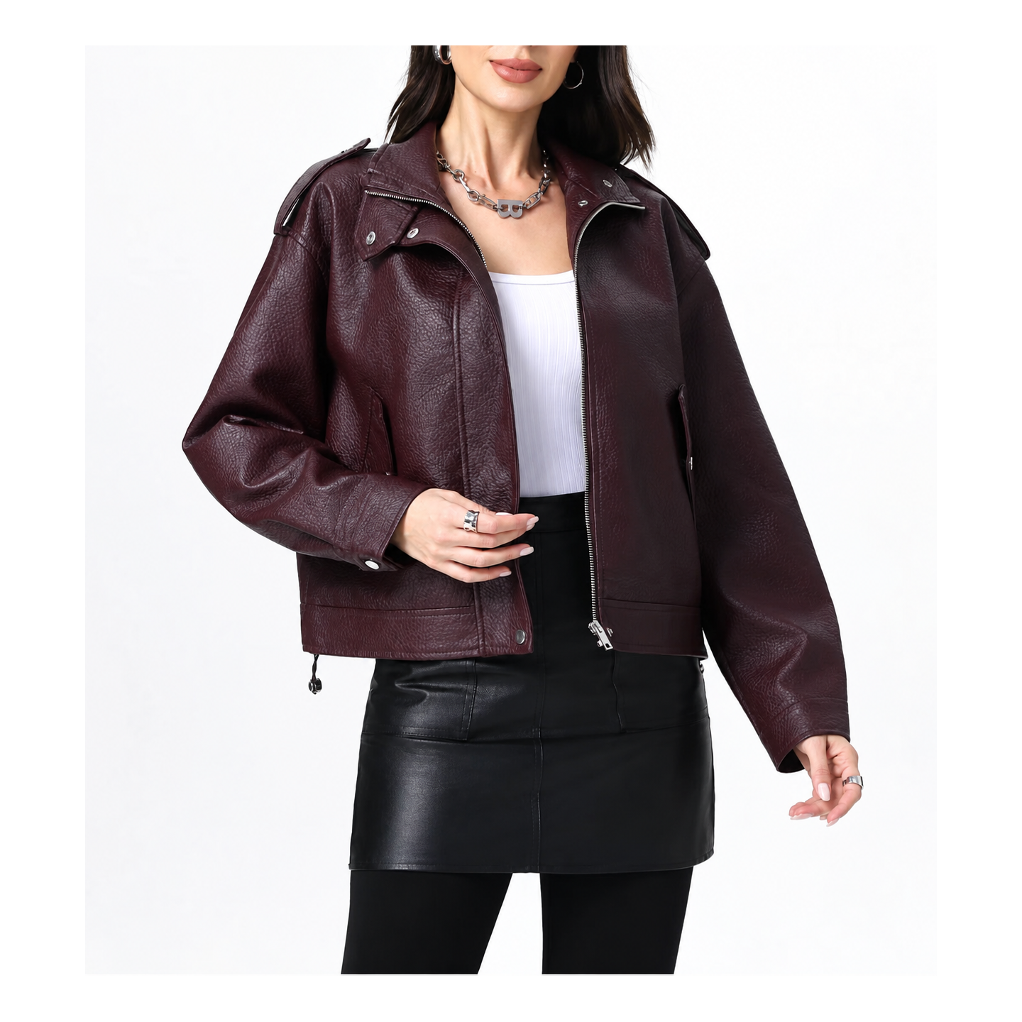blouson Gaspard bordeaux en cuir synthétique 100 % PU. Coupe oversize, effet cuir grainé et style biker tendance.